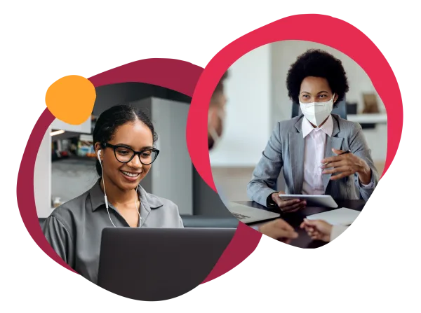 professional women discussing ideas on video call and in meeting, one in headset, other wearing a mask, collaborative remote work setting
